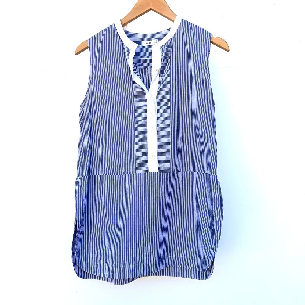 Vince Sleeveless Striped Blue White Tunic Blouse 8 Cotton Coastal Summer Shirt - Picture 2 of 6